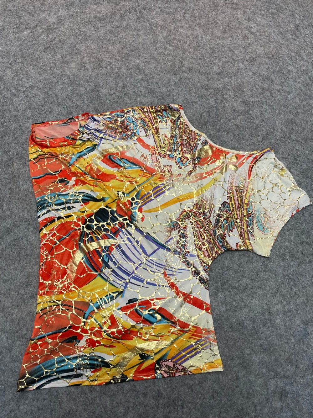 Unique Artwear Abstract Gold Foil Asymmetrical Statement Festival Top S/M Est - Picture 8 of 9